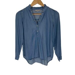 LOFT Denim Blue Chambray Blouse Long Sleeve‎ Pearl Snap Ruffle Collar Petite XS